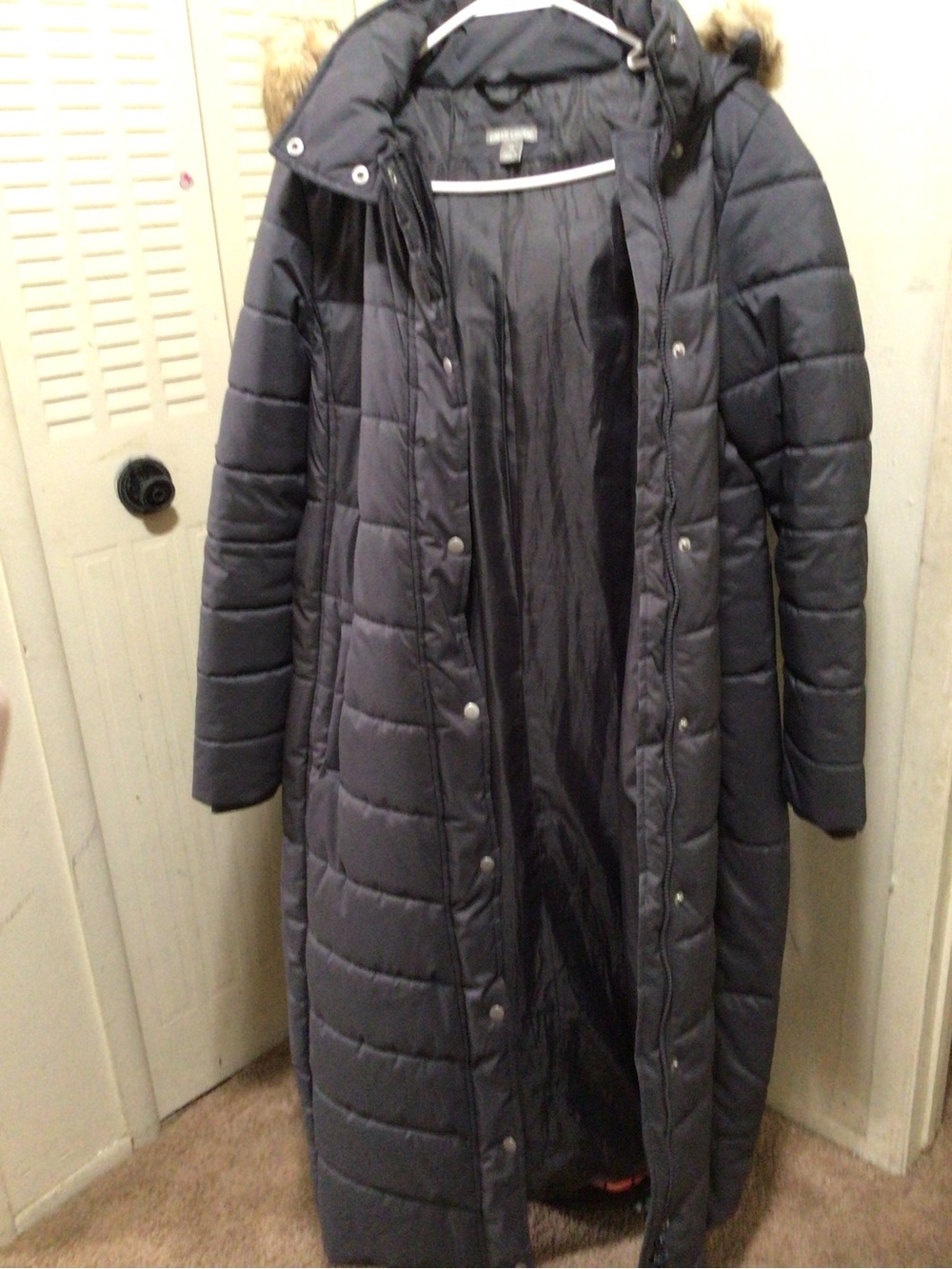 Falls Creek Long Quilted Hooded Puffer Coat in Dark Gray with Fur Trim